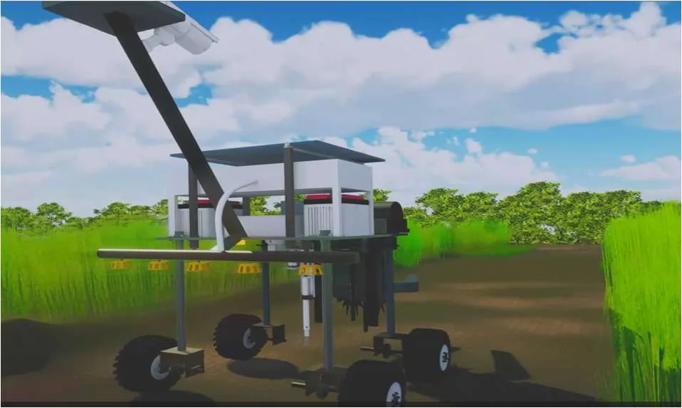 Simulation render of the Indibotics Agri rover in a crop field