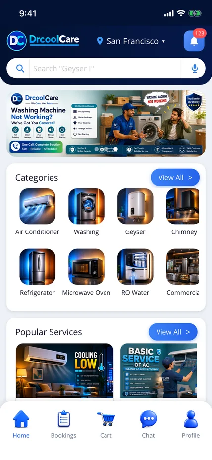 DrCoolCare customer app home screen with service categories