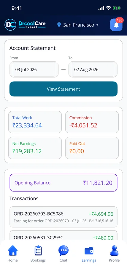 DrCoolCare engineer app account statement and earnings