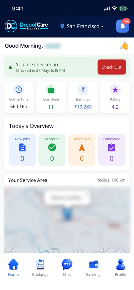 DrCoolCare engineer app dashboard with check-in, jobs and earnings