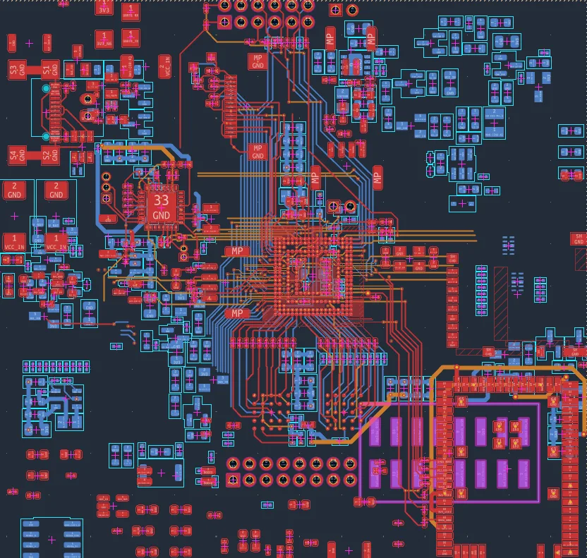 Eight-layer STM32N6 AI camera mainboard PCB layout in KiCad