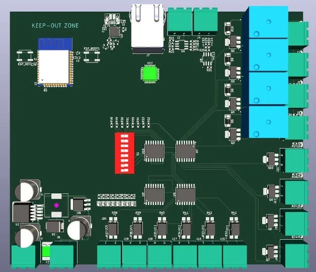 ESP32 custom board with Ethernet, relays and isolated I/O — 3D render