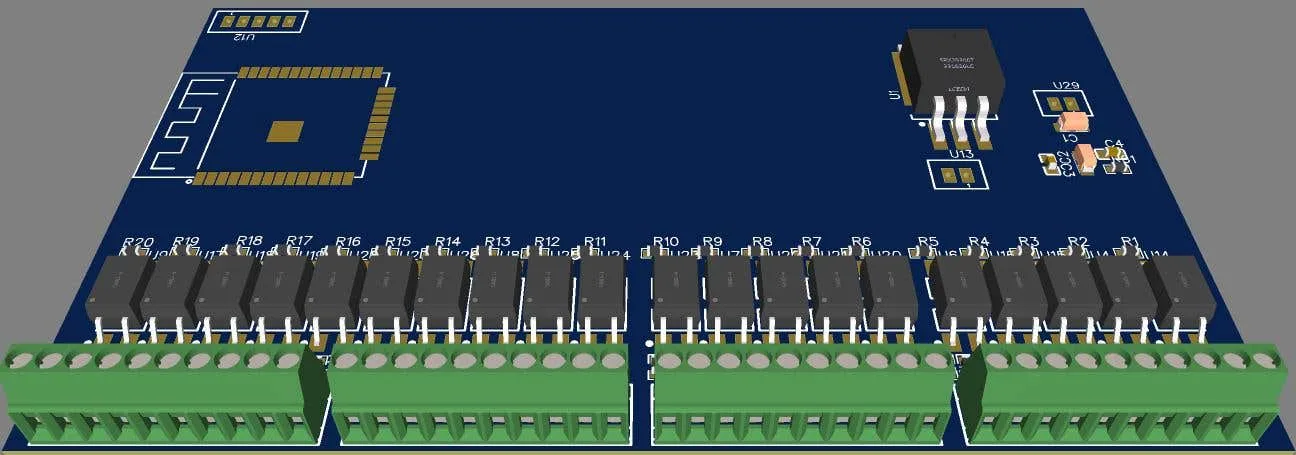 ESP32 board with 20 opto-isolated inputs and screw terminals, 3D render