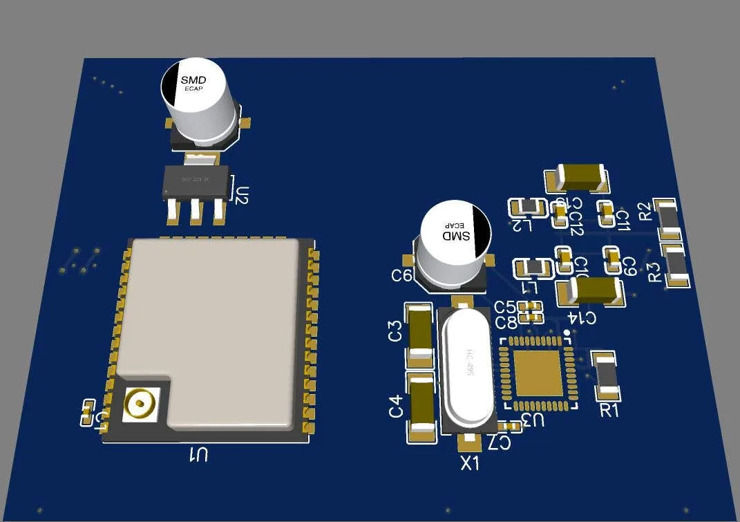 ESP32 RFID reader board, component side 3D render