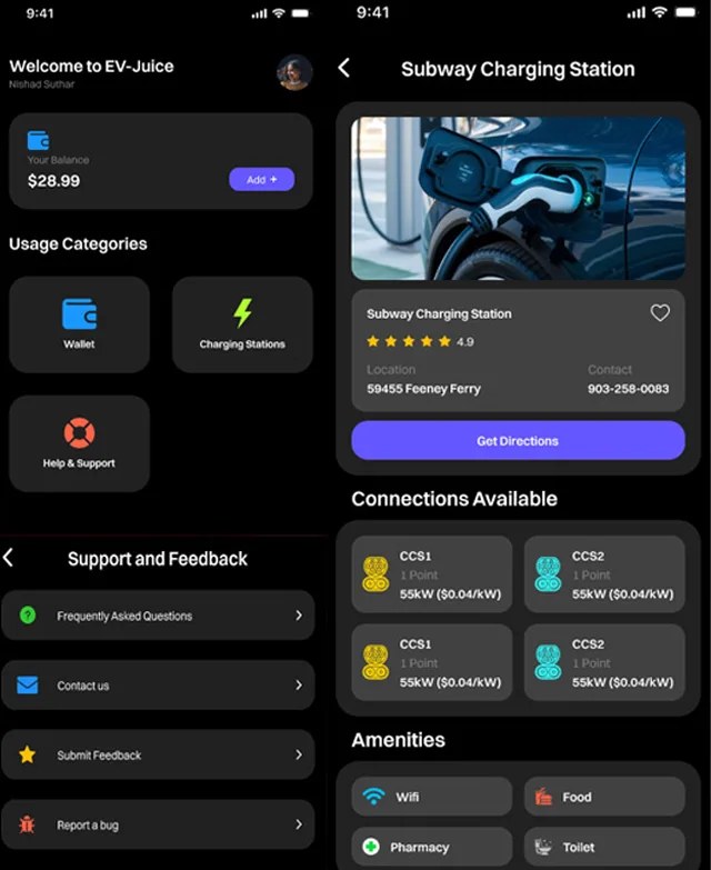 EV charging app screens: prepaid wallet, station details and connector availability